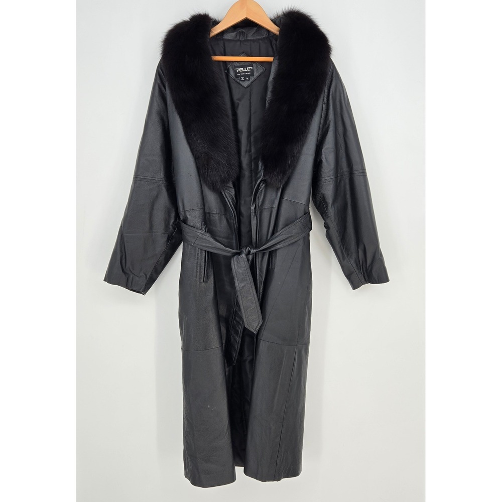 Vintage Black Leather Trench Coat Fox Fur Collar Trim Belted Duster Womens M